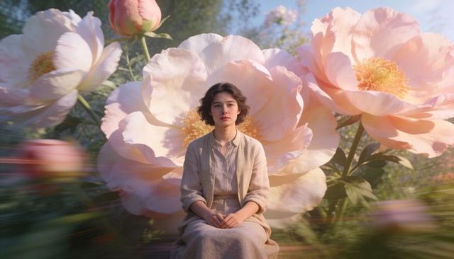 Young woman sitting among oversized pastel peony blooms wearing linen dress and jacket