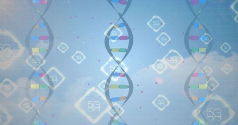 Glowing dna helix linking genomics and 5g network, futuristic biotech data visualization