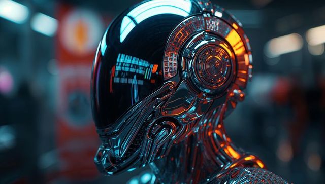 Futuristic chrome robot with visor and circuitry