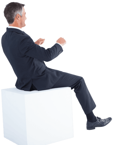 Businessman Sitting on Transparent Floating Seat Side View