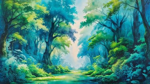 Tranquil stream flowing through lush forest glade