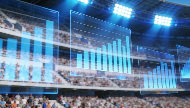 Stadium audience analytics showing live holographic bar charts overlaying crowds