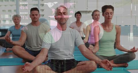 Meditating group practicing mindfulness with digital hud wellness analytics overlay