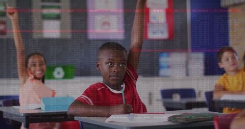 Elementary student raising hand in colorful classroom with digital data overlay showing coding