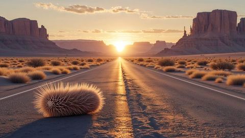 Desert road at sunrise with tumbleweed in splendid landscape