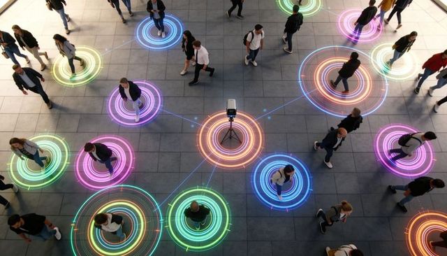 Overhead ai sensor projecting neon tracking rings linking commuters in transit concourse