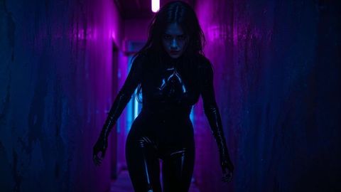 Futuristic female burglar in glossy latex catsuit in neon corridor