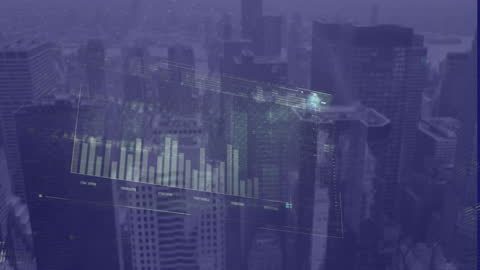 Abstract Data Visualization Overlaying Urban Skyline