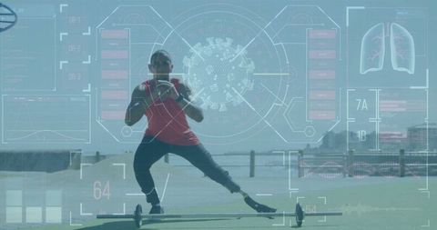 Adaptive athlete lunging at waterfront with digital infographic overlay