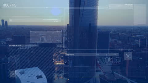 Digital Data Overlays Against Modern Skyline