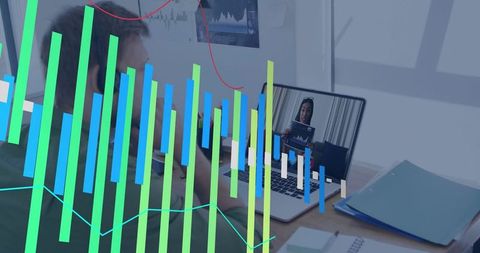 Remote team analyzing data on video call with interactive bar chart overlay