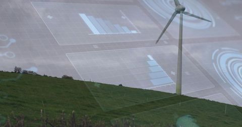 Wind Turbine on Hill with Futuristic Data Overlays