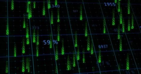 Neon binary streams pouring over 3d data grid displaying 59% analytics interface
