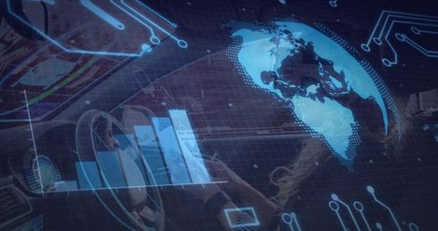 Woman driving connected car dashboard with digital globe, futuristic hud and analytics