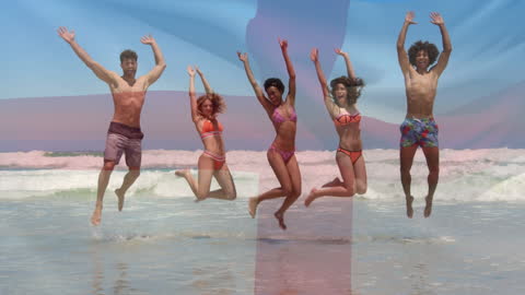 Group of Friends Jumping on Beach with Patriotic Filter Overlay