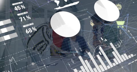 Infographic Overlay Team Discussing Strategy in Modern Office