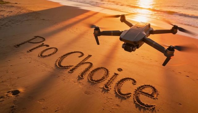 Hovering drone capturing pro choice message on sunset shoreline with footprints