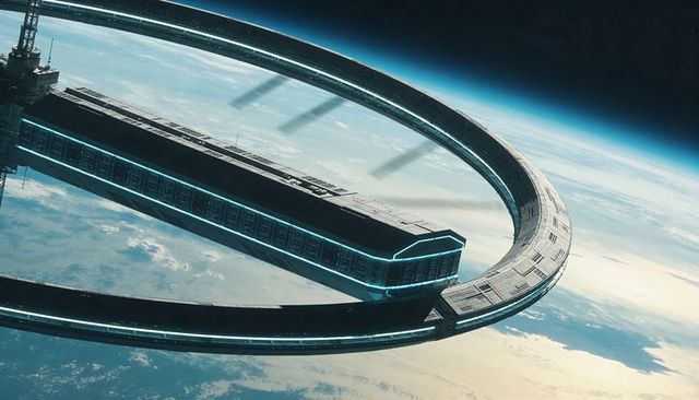 Orbiting ring space station with docking module, cyan neon lights, futuristic habitat