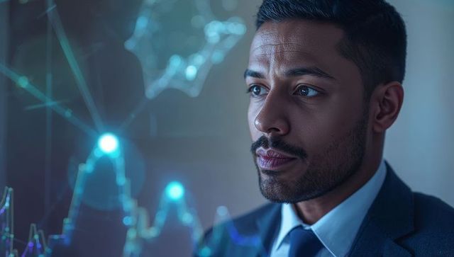 Indian executive analyzing holographic data and line graphs for financial insights