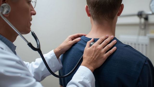 Doctor auscultating patient back with stethoscope for respiratory exam, clinical care