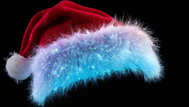 Glowing santa hat with fiber-optic fur illuminating cool blue holiday cheer and festive glow