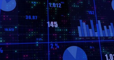 Neon Data Dashboard Visualizing Analytics Metrics with Grid, Bar and Pie Charts