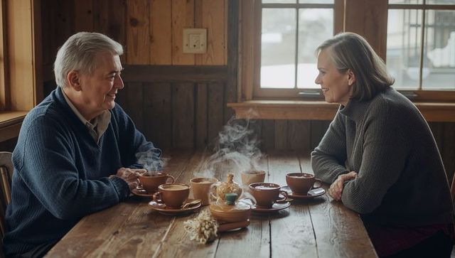 Senior couple sharing cozy intimate teatime in rustic cabin during snowy winter afternoon