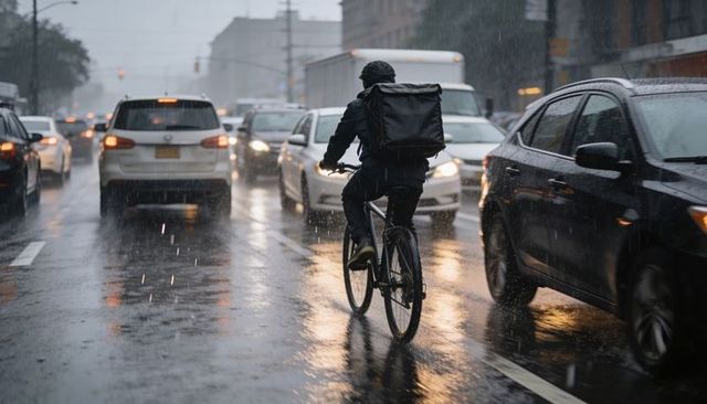 Delivery cyclist riding through heavy rain on wet city street with waterproof backpack