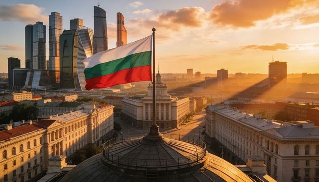 Waving bulgarian flag over neoclassical dome at golden sunset with glass skyscrapers