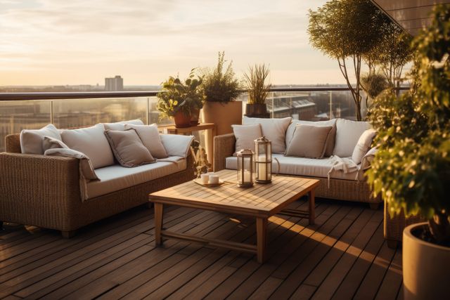 Cozy Rooftop Terrace with Comfortable Lounge at Sunset - Download Free Stock Images Pikwizard.com