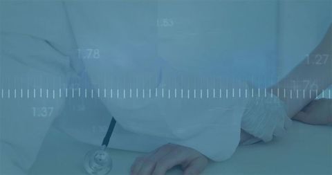 Nurse performing bedside auscultation with gloved hand and stethoscope over patient gown