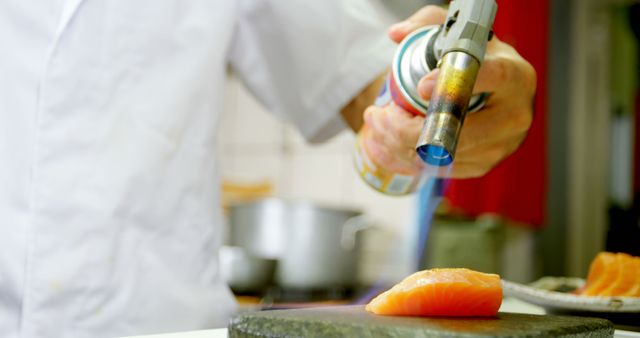 Chef uses a torch on salmon in a professional kitchen. Perfecting the dish's flavor, the chef applies finishing touches with precision.