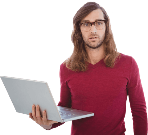 Long-Haired Hipster Holding Silver Laptop Transparent Background - Download Free Stock Videos Pikwizard.com