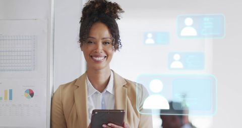 Confident Businesswoman Analyzing Digital Data in Modern Office