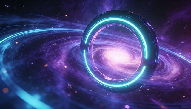 Hovering Neon Portal Ring Emitting Cyan Glow Above Spiral Galaxy Core, Futuristic Cosmos