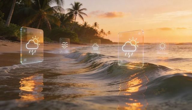 Glowing holographic weather panels floating over tropical sunset waves and palm trees