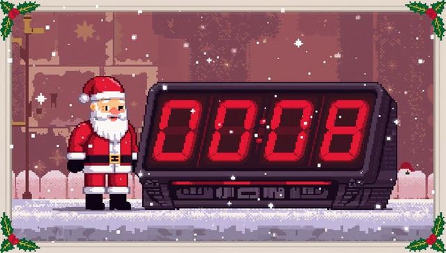 8-bit santa counting down beside digital clock showing 00:08 retro pixel christmas scene