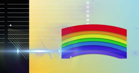Futuristic Digital Prism with Curved Rainbow Bands and Lines