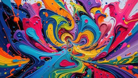 Dynamic vortex of crazy swirling paint ribbons on vibrant canvas