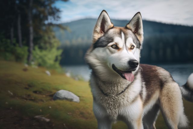 Husky dog sticking tongue out by the lake and forest created using generative ai technology - Download Free Stock Photos Pikwizard.com