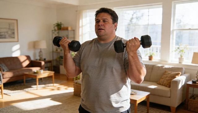 Man lifting dumbbells in sunlit living room midlife home workout routine