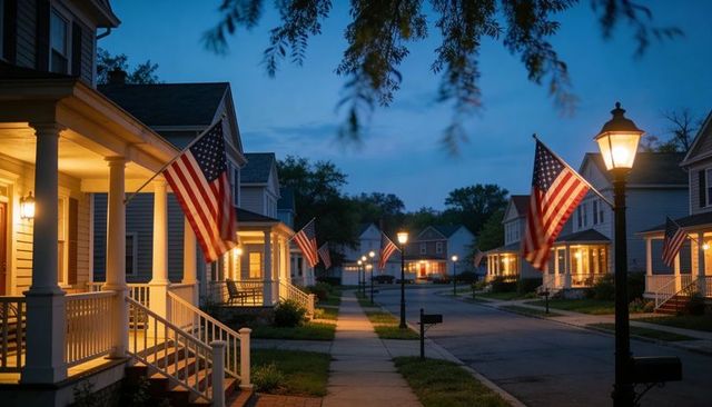 American flags fluttering on porch-lit suburban street at dusk conveying community pride