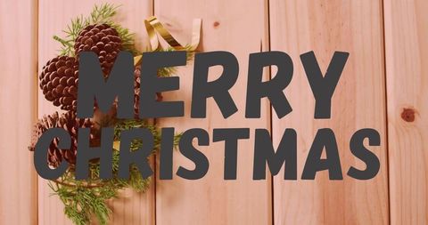 Rustic Merry Christmas Typography on Wood Planks with Pine Cones, Fir Sprigs, Gold Ribbon