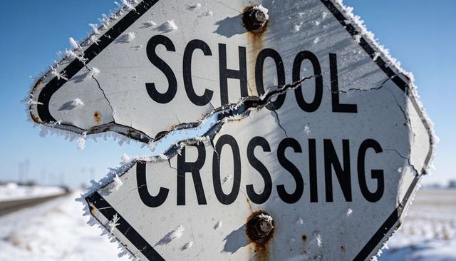 Damaged frost-covered school crossing sign with jagged tear and rusted bolts in winter