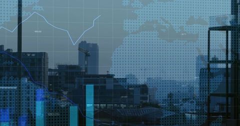 City Skyline Blending with Financial Data Overlay through Office Glass at Dusk