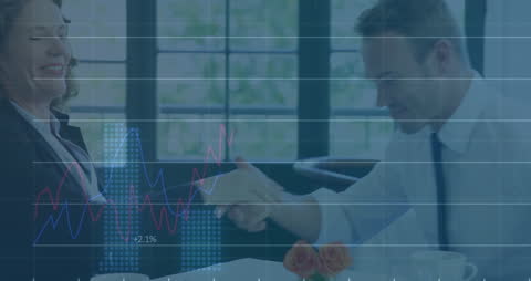 Business Meeting in Restaurant with Data Overlay Animation