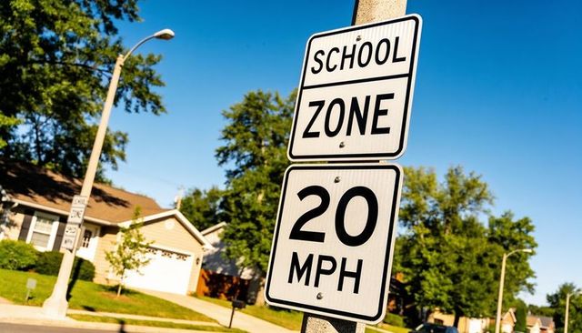 School zone 20 mph sign standing on suburban street showing mounting bolts and sunlit trees