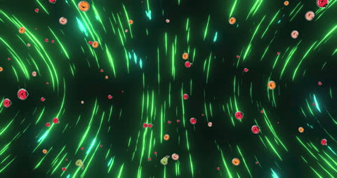 Animated Doughnuts Falling With Green Lights on Black Background
