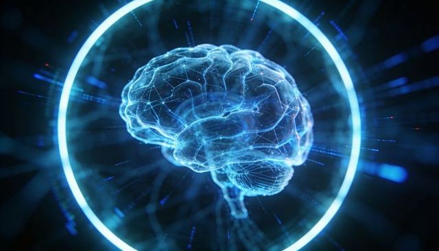 Rotating holographic brain visualization with glowing ring and data mesh