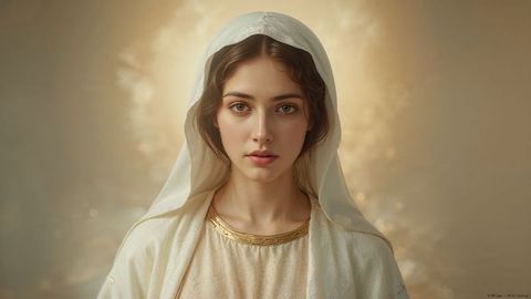 Serene woman in white with ethereal glow and gold details
